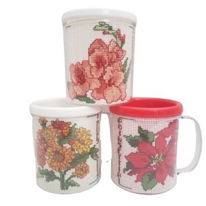 Cross Stitch Coffee Mugs Finished Floral Cottage Core Mugs Set